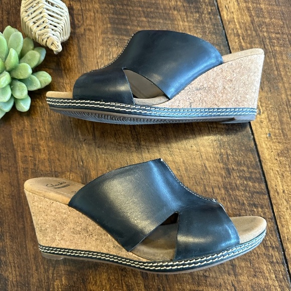 Clarks | “Lafley Mio” Black Leather Cork Wedge Heel Sandals - Picture 2 of 7
